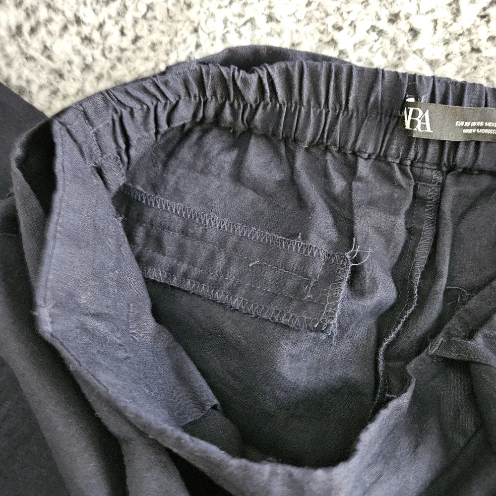 Zara Navy Blue Linen Roll-Up Cargo Pants XS Cropped High Rise Tie Belt Women's